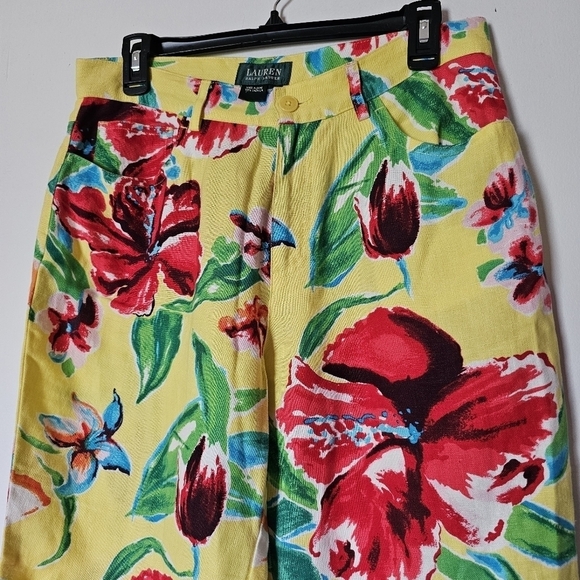 Lauren Ralph Lauren linen yellow floral bright tropical pants Size 8 - Picture 3 of 4